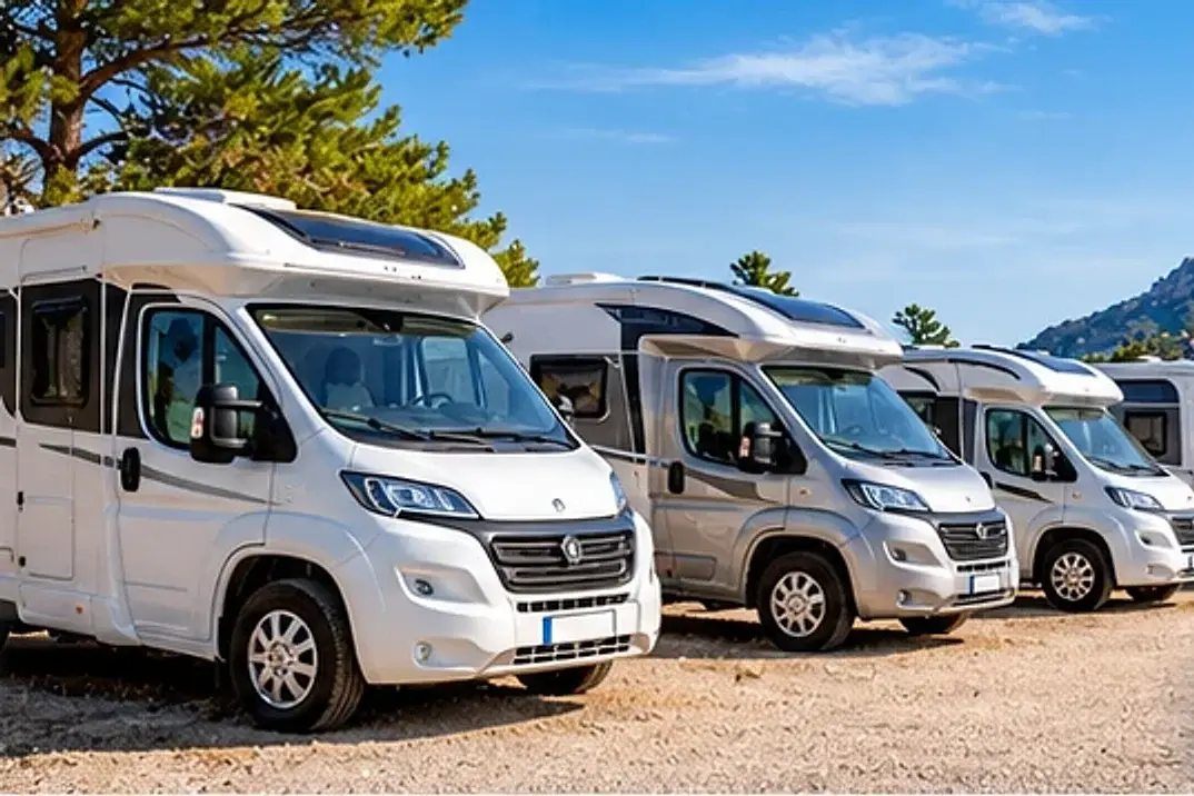Camping-cars alignés sur une aire de stationnement en Provence, face aux collines et à la mer