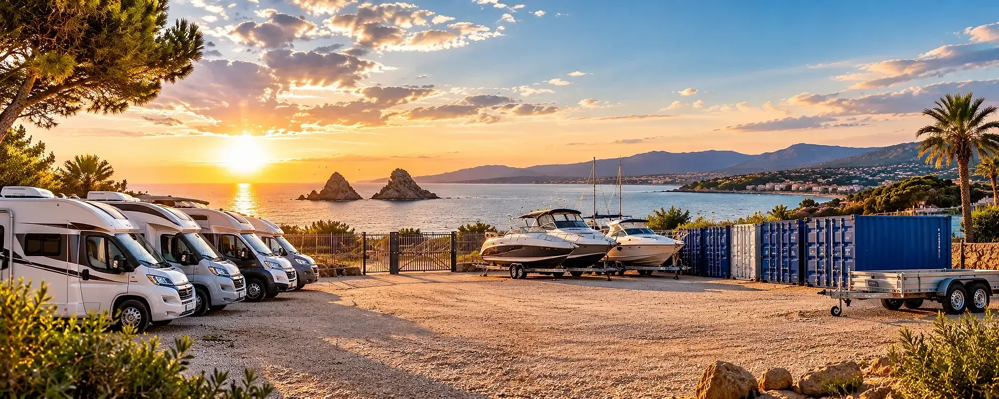Camping-cars, bateaux sur remorque, containers et remorque stationnés sur un terrain clôturé face à la mer, au coucher du soleil