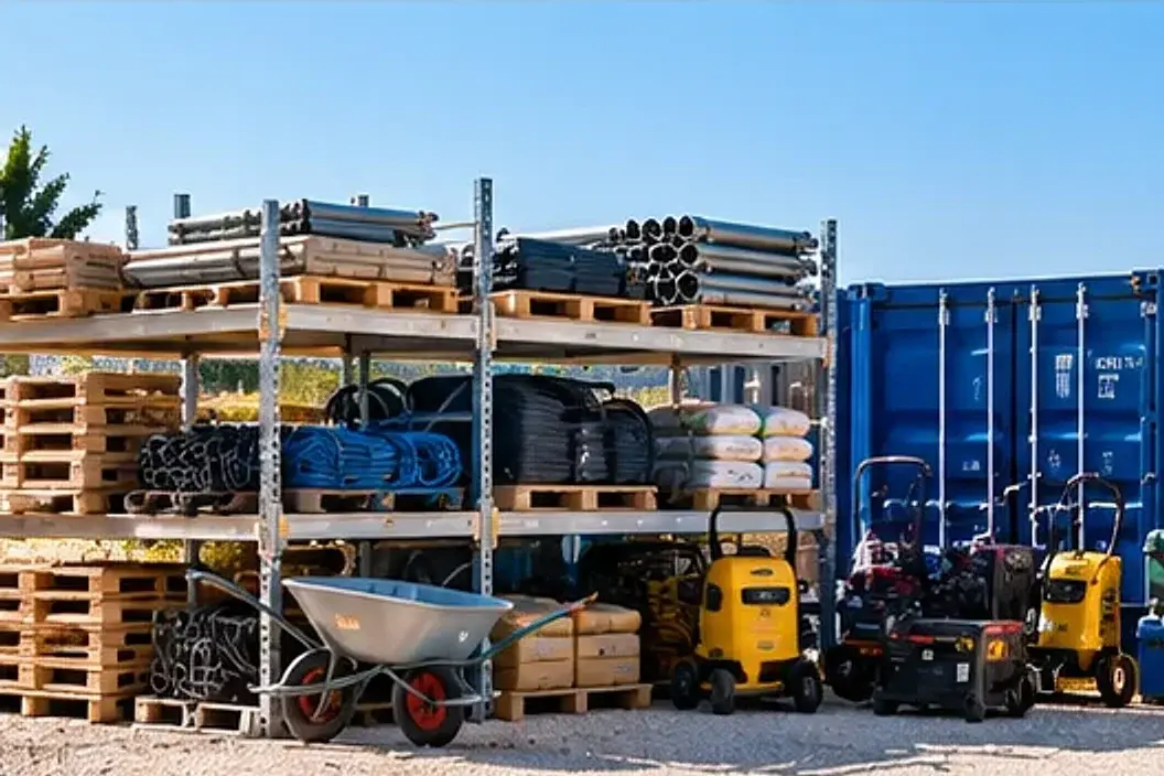 Matériel professionnel rangé sur des étagères et des palettes, devant des containers maritimes